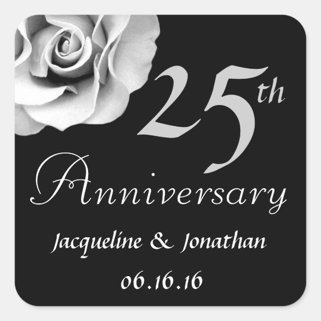 25th Anniversary WHITE SILVER BLACK Rose V01 Square Sticker (Front)