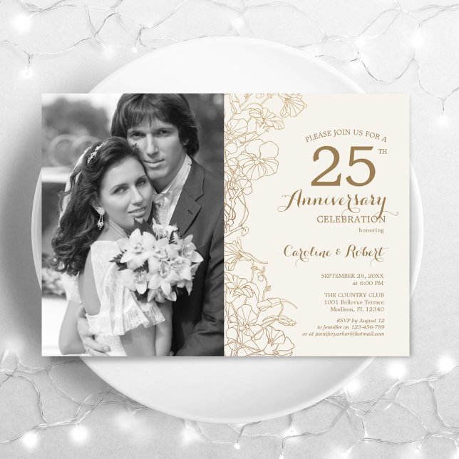 25th Anniversary With Photo - Ivory Gold Floral Invitation (Creator Uploaded)