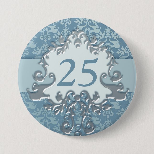 25th birthday age damask elephant silver blue 7.5 cm round badge (Front)