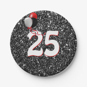 25th Birthday Balloons on Black Glitter Paper Plate