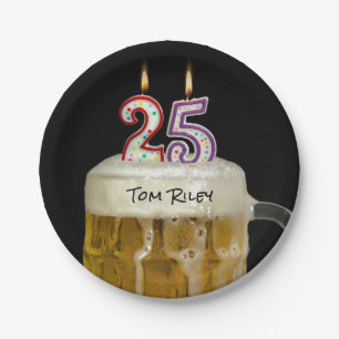 25th birthday beer with candles paper plate