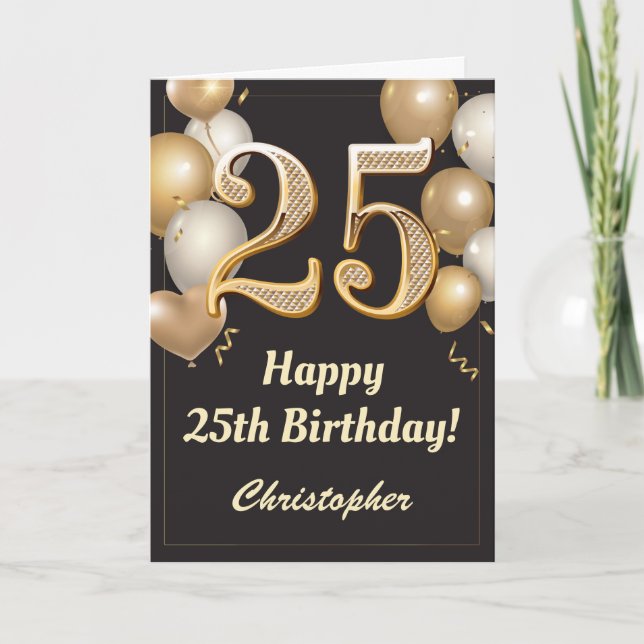 25th Birthday Black and Gold Balloons Confetti Card (Front)