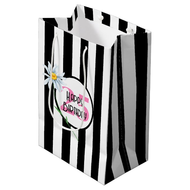 25th Birthday Black And White Stripes Medium Gift Bag (Front Angled)