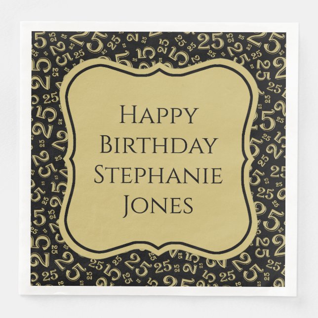 25th Birthday Black/Gold Bracket Number Pattern Napkin (Front)