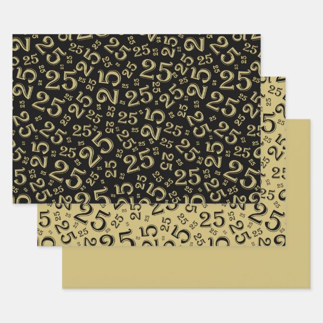 25th Birthday Black & Gold Number Pattern 25 Wrapping Paper Sheet (Set)