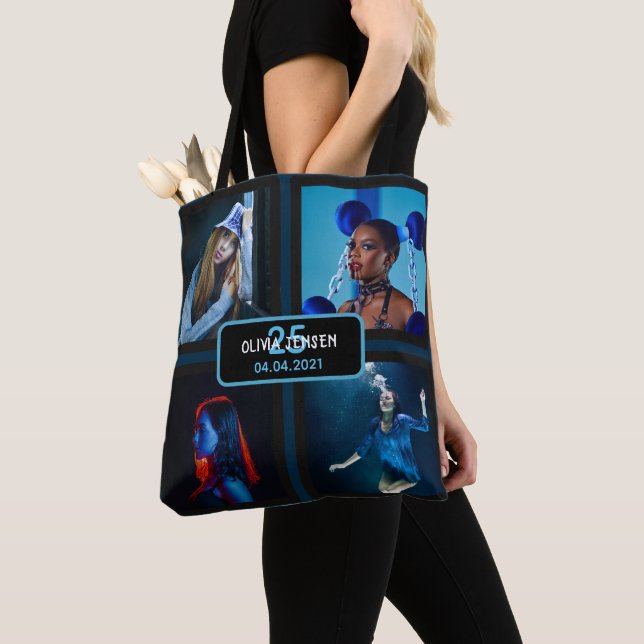 25th birthday black photo collage woman crossbody  tote bag (Close Up)
