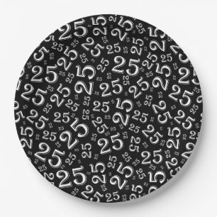25th Birthday Black  Random Number Pattern 25 Paper Plate