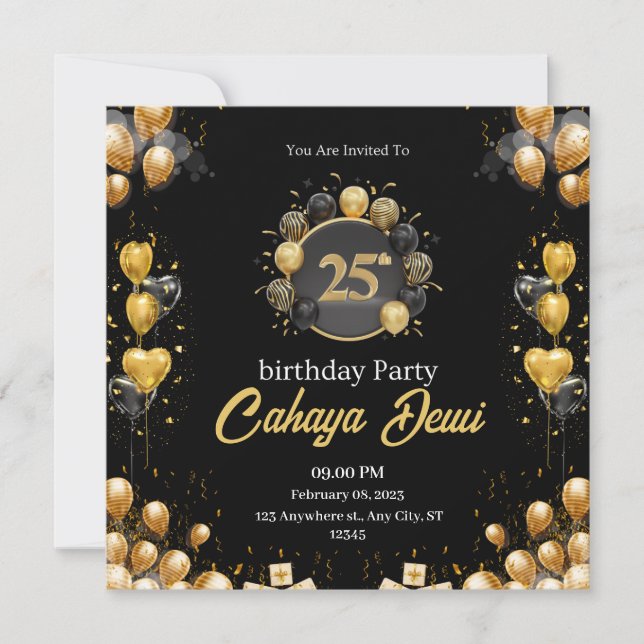 25th birthday black silver elegant modern invitation (Front)