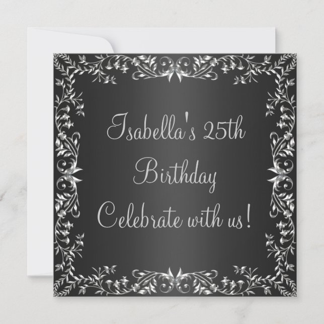 25th Birthday Black & Silver Floral Metal Invitation (Front)