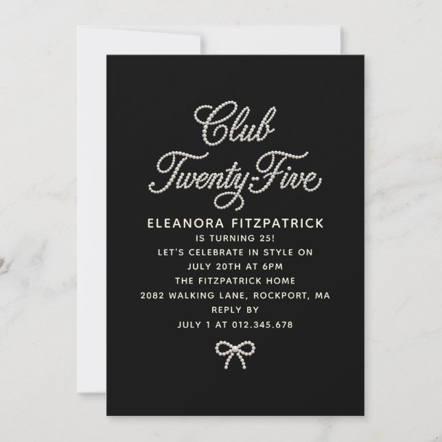 25th Birthday Black White Pearl Script Bow Invitation (Front)