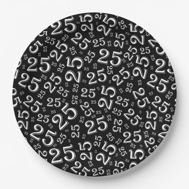 25th Birthday Black/White Random Number Pattern Paper Plate (Front)