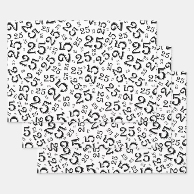 25th Birthday Black & White Random Number Pattern Wrapping Paper Sheet (Set)