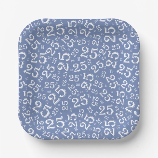 25th Birthday Blue/White Random Number Pattern Paper Plate (Front)