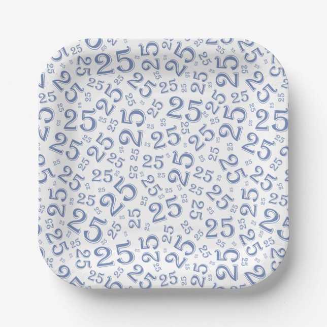 25th Birthday Blue/White Random Number Pattern Paper Plate (Front)