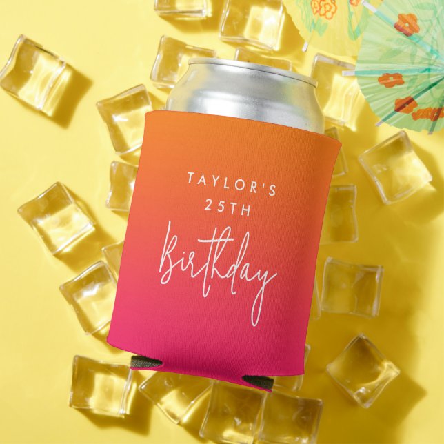 25th Birthday Bold Hot Pink and Orange Ombre Can Cooler (In Situ Summer)