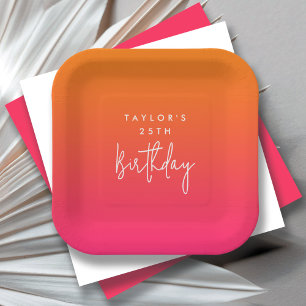 25th Birthday Bold Hot Pink and Orange Ombre Paper Plate