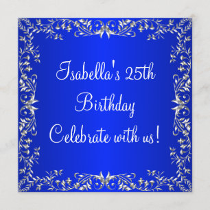 25th Birthday Cobalt Blue & Silver Floral Metal Invitation