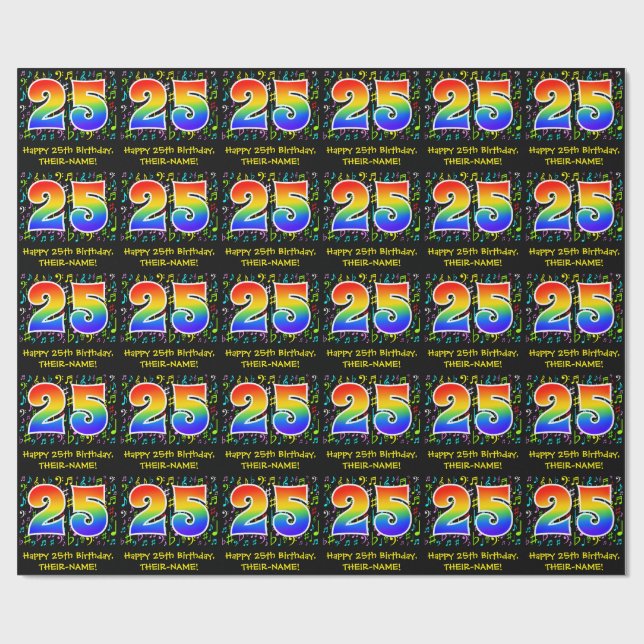 25th Birthday: Colorful Music Symbols, Rainbow 25 Wrapping Paper (Flat)