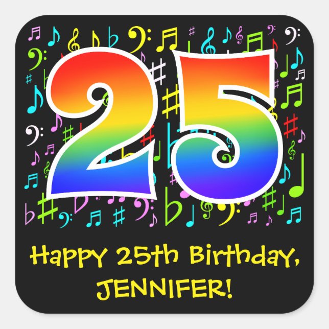 25th Birthday: Colourful Music Symbols, Rainbow 25 Square Sticker (Front)