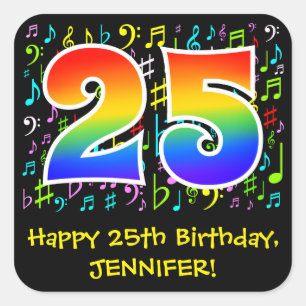 25th Birthday: Colourful Music Symbols, Rainbow 25 Square Sticker