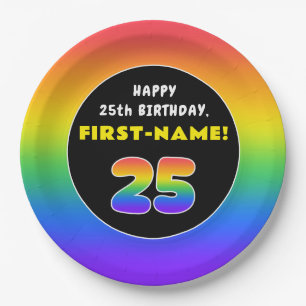 25th Birthday: Colourful Rainbow # 25, Custom Name Paper Plate