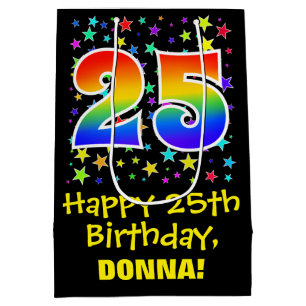 25th Birthday: Colourful Stars Pattern & Rainbow 2 Medium Gift Bag