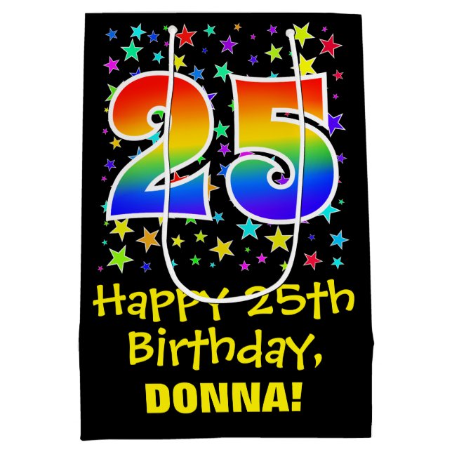 25th Birthday: Colourful Stars Pattern & Rainbow 2 Medium Gift Bag (Back)