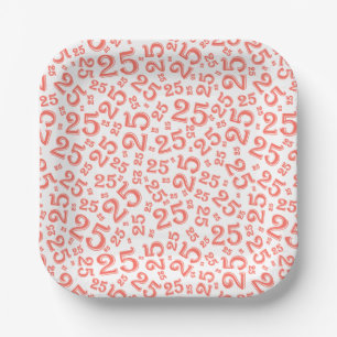 25th Birthday Coral/White Random Number Pattern Paper Plate
