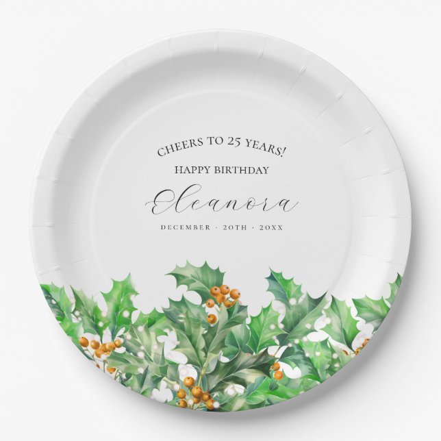 25th Birthday December Birth Flower Holly Custom Paper Plate (Front)
