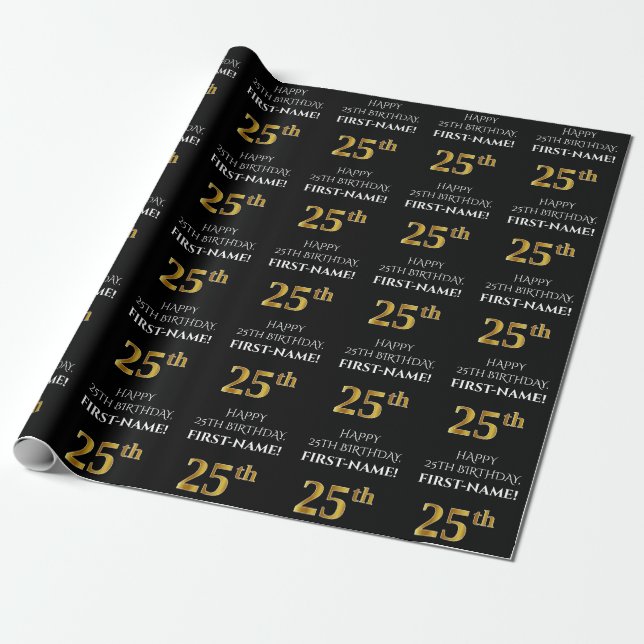 25th Birthday: Elegant, Black, Faux Gold Look Wrapping Paper (Unrolled)