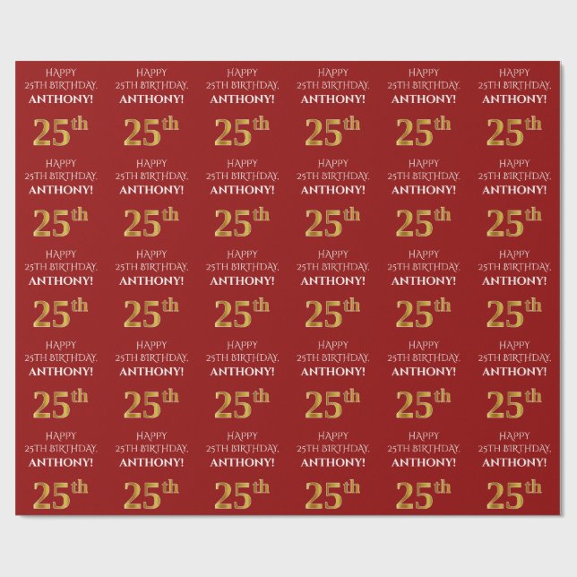 25th Birthday: Elegant, Red, Faux Gold Look Wrapping Paper (Flat)
