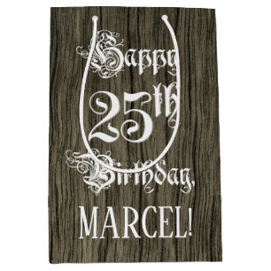 25th Birthday: Fancy, Faux Wood Look + Custom Name Medium Gift Bag