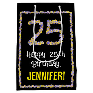 25th Birthday: Floral Flowers Number, Custom Name Medium Gift Bag