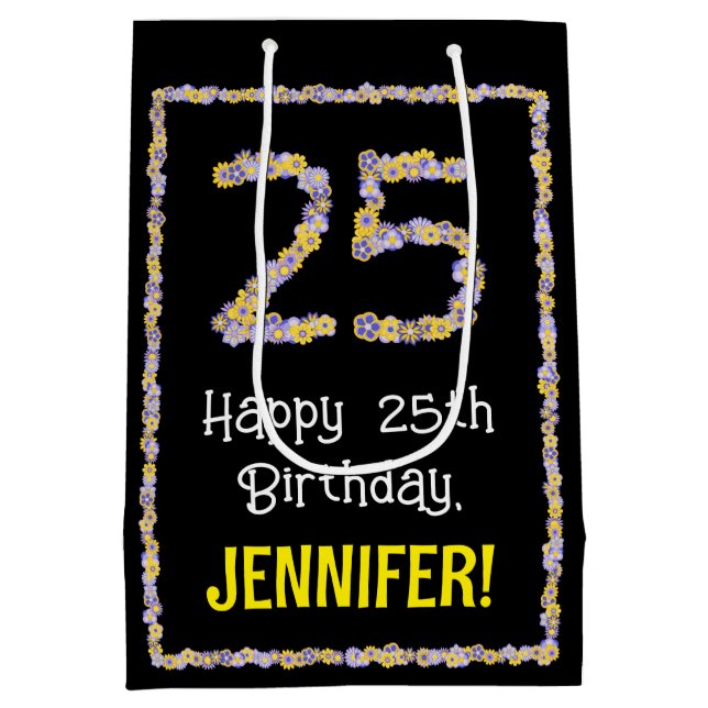 25th Birthday: Floral Flowers Number, Custom Name Medium Gift Bag (Back)