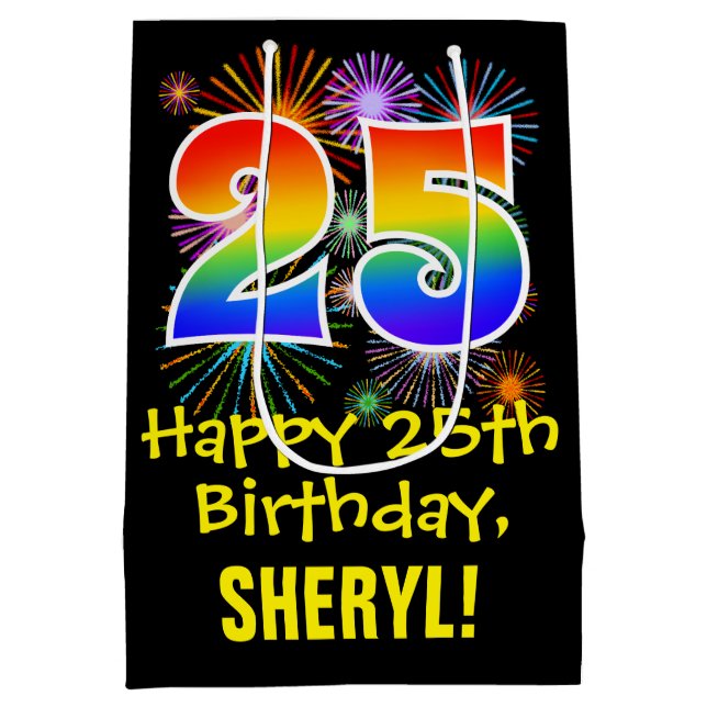 25th Birthday: Fun Fireworks Pattern + Rainbow 25 Medium Gift Bag (Back)