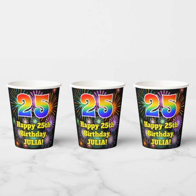 25th Birthday: Fun Fireworks Pattern + Rainbow 25 Paper Cups (Multi)