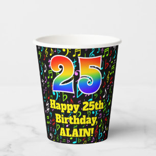 25th Birthday: Fun Music Notes Pattern, Rainbow 25 Paper Cups