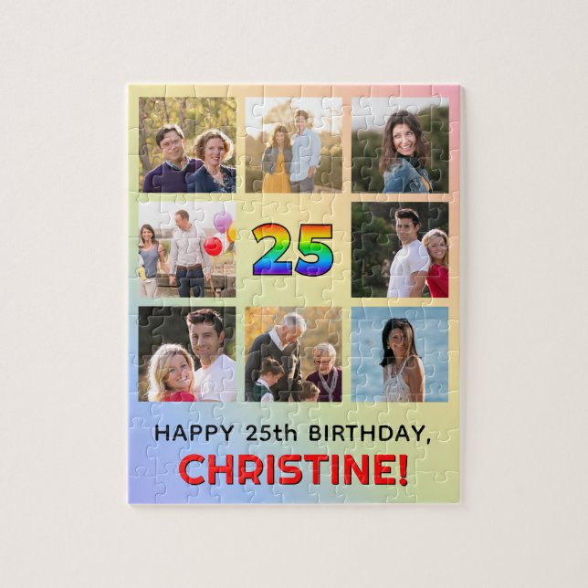 25th Birthday: Fun Rainbow #, Custom Name & Photos Jigsaw Puzzle (Vertical)
