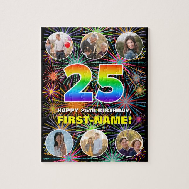 25th Birthday: Fun Rainbow #, Custom Name + Photos Jigsaw Puzzle (Vertical)
