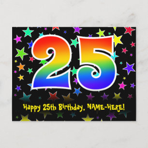 25th Birthday: Fun Stars Pattern, Rainbow 25, Name Postcard