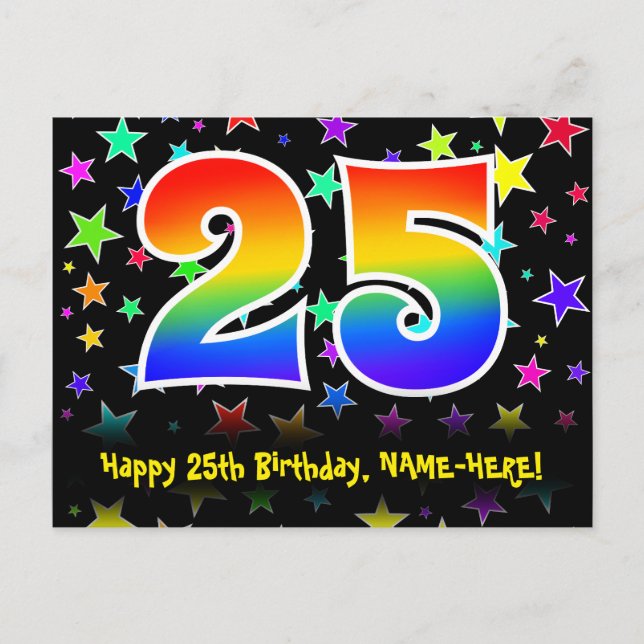 25th Birthday: Fun Stars Pattern, Rainbow 25, Name Postcard (Front)