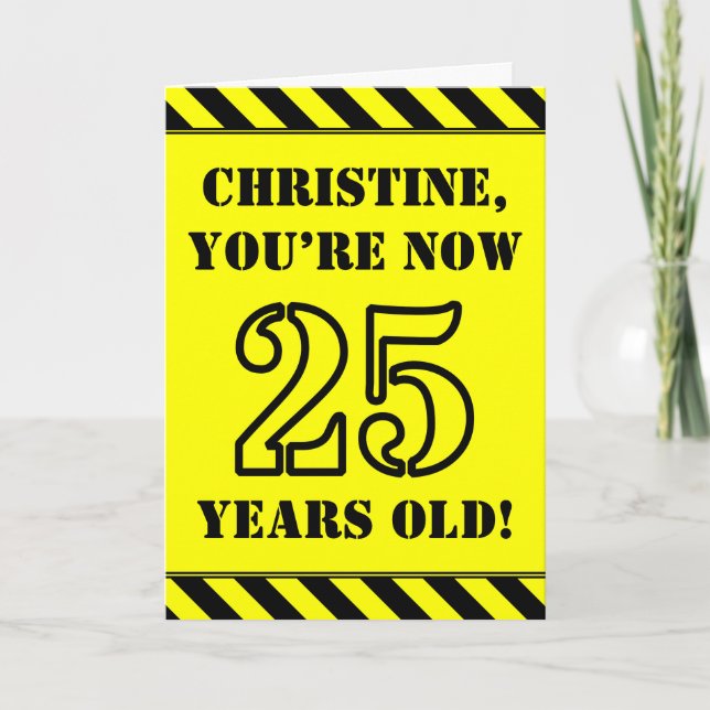 25th Birthday: Fun Stencil Style Text, Custom Name Card (Front)