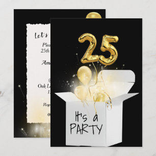 25th Birthday Gold Balloons In White Box  Invitation