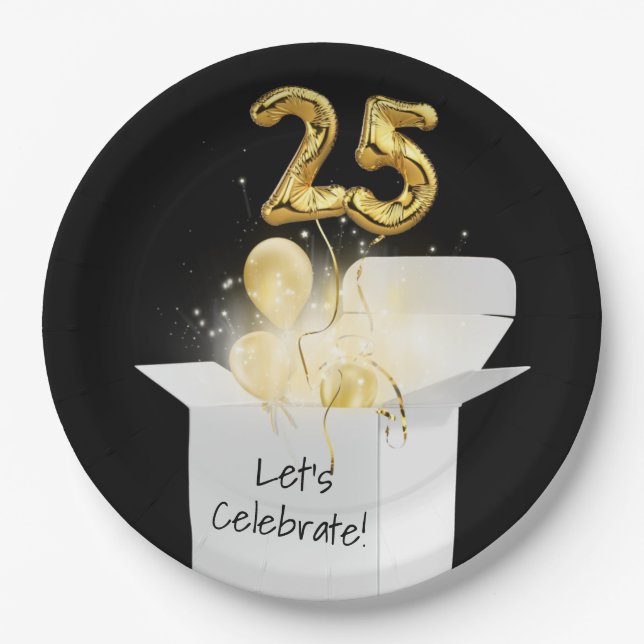 25th Birthday Gold Balloons In White Box     Paper Plate (Front)