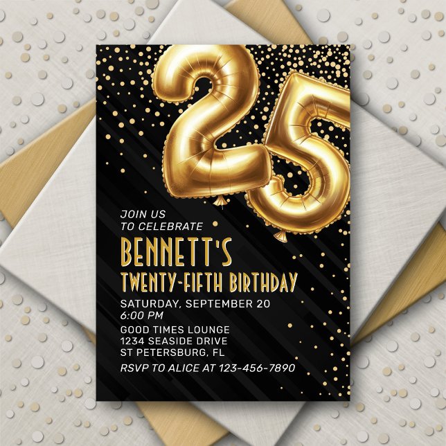25th Birthday Gold Black Invitation (Creator Uploaded)