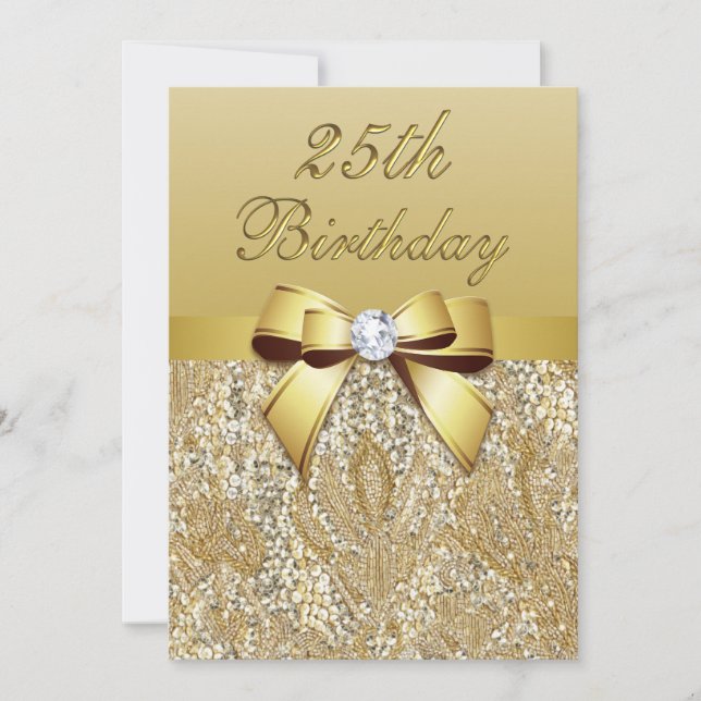 25th Birthday Gold Faux Sequins and Bow Invitation (Front)