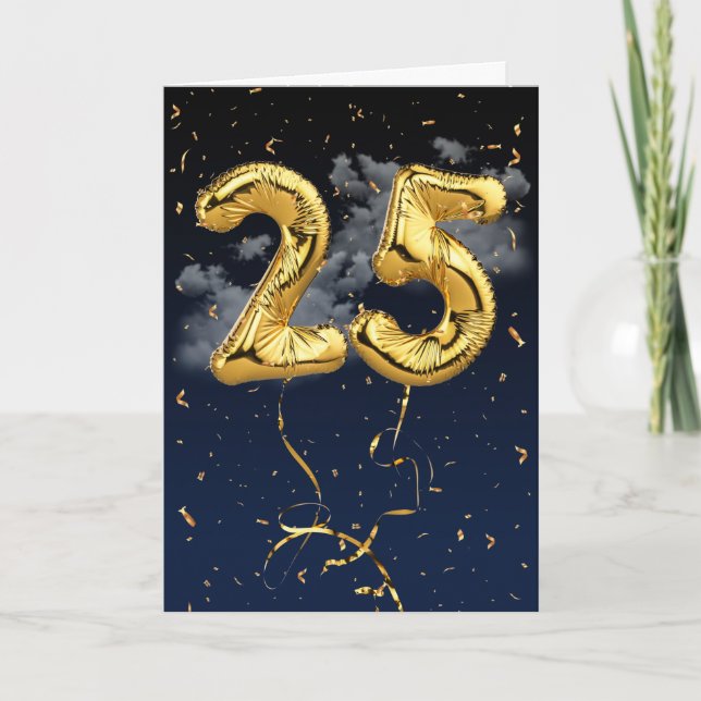 25th Birthday Gold Mylar Balloon and Confetti Card (Front)