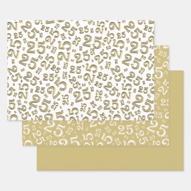 25th Birthday Gold & White Number Pattern 25 Wrapping Paper Sheet (Set)