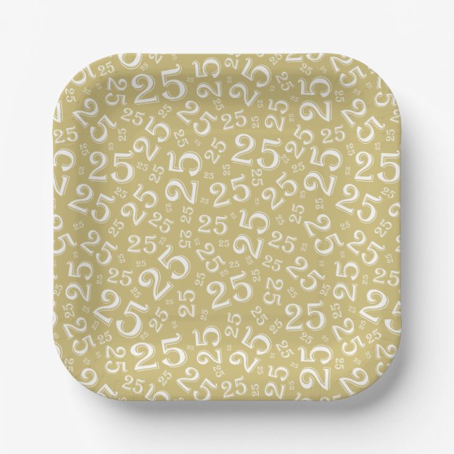 25th Birthday Gold/White Random Number Pattern Paper Plate (Front)