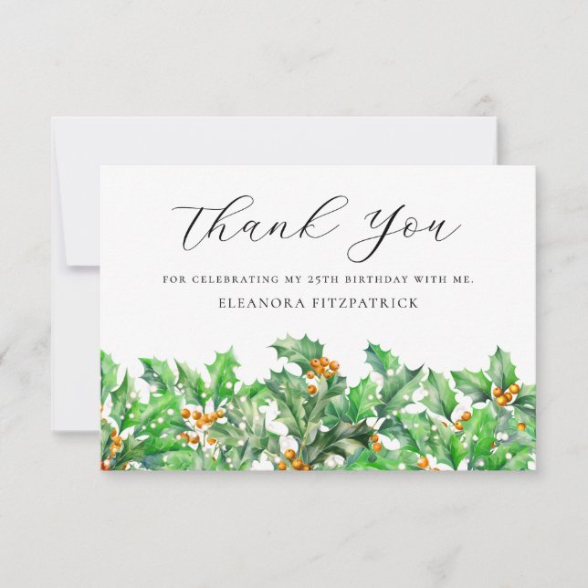 25th Birthday Holly December Birth Flower Custom Thank You Card (Front)